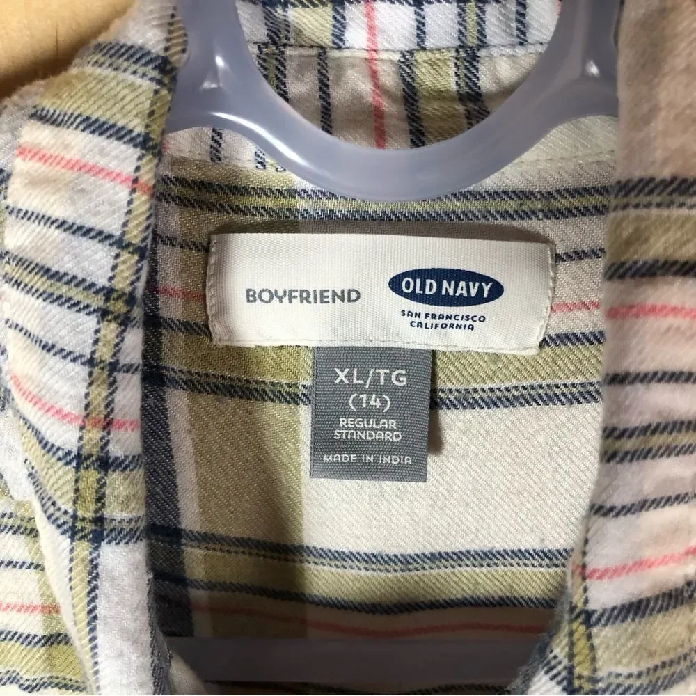 Old Navy Plaid Boyfriend Fit Button-Down Girl's Flannel - Size XL - White/Green